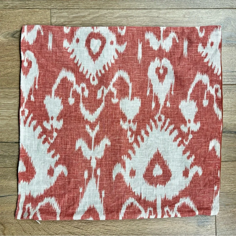 Linen Ikat Throw Pillow Cover Sham 20 inches Square Coral Red Cream Cottage